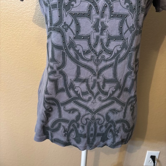 Skinny Minnie Top Large Charcoal Patterned Short-Sleeve Ribbed 100% Cotton Beads - Picture 4 of 14